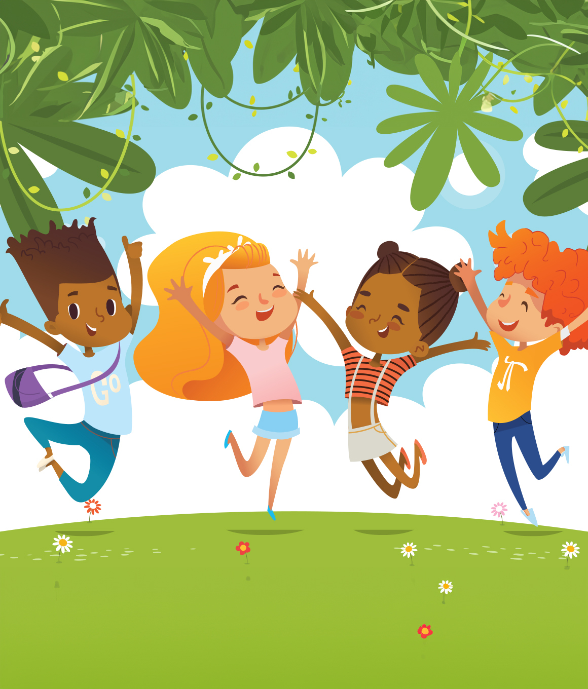 Illustration of four kids jumping for joy outdoors