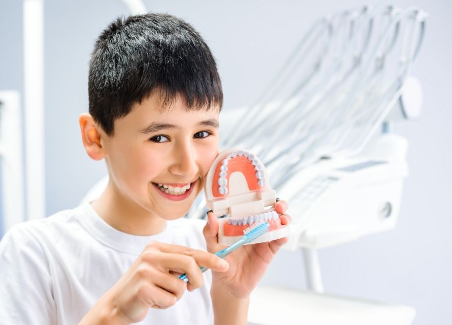 Boy brushing model of teeth after preventive dentistry checkup in Murphy